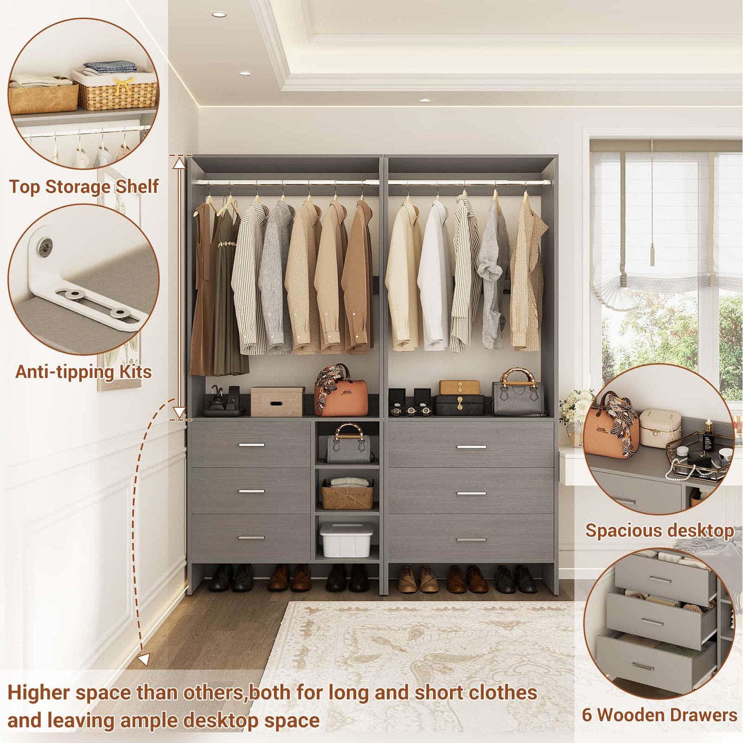 Closet System with 6 Drawers, 4.5ft Wood Closet Organizer System