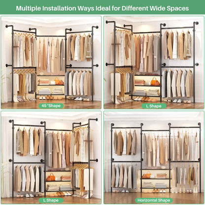 84"-128" Adjustable Metal Pipe Clothing Rack Wall-Mounted,Industrial Garment Rack with 3-Tier Wooden Shelves,Heavy-Duty 1000LBS Capacity