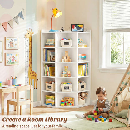 6-Tier Corner Cabinet with Power Outlets & 15 Cubes - Wooden L-Shaped Bookshelf, Toy Storage for Home Office, Bedroom, Living Room