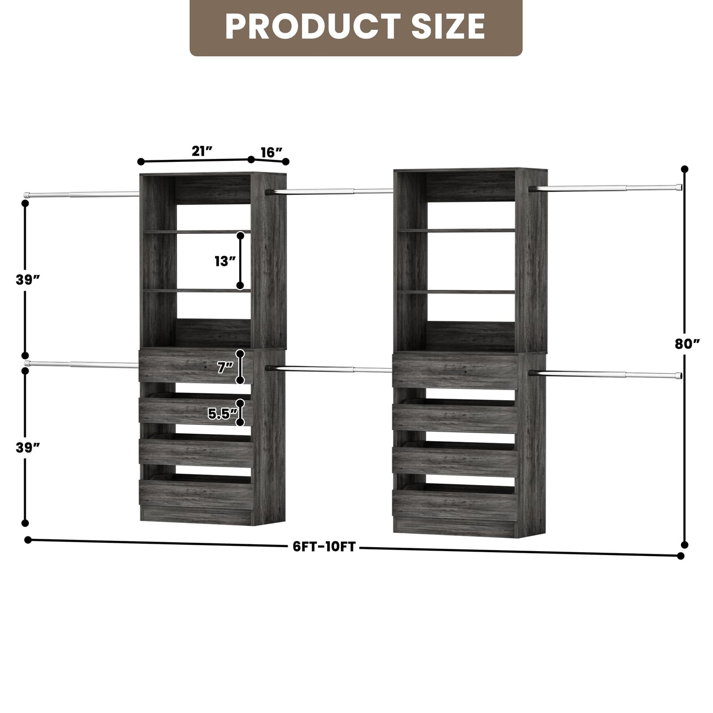 2-Pack Closet Organizer System: Dual 4-9Ft Adjustable Wardrobe Racks with 8 Wooden Drawers, Double Tower Storage, 8 Hanging Rods & Garment Racks ﻿