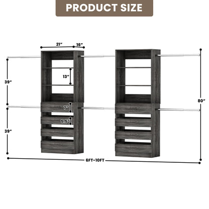 2-Pack Closet Organizer System: Dual 4-9Ft Adjustable Wardrobe Racks with 8 Wooden Drawers, Double Tower Storage, 8 Hanging Rods & Garment Racks ﻿
