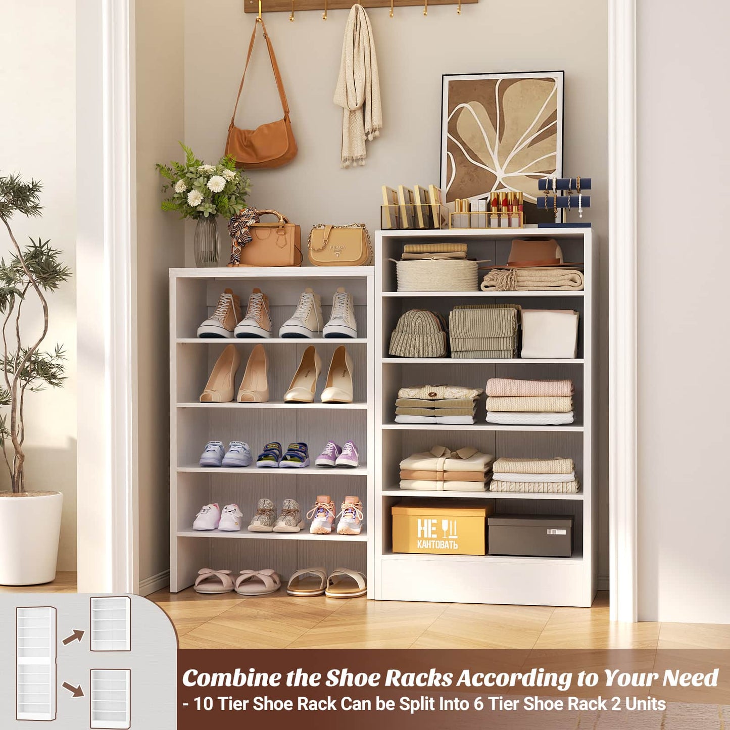 Tall Shoe Cabinet, 10 Tiers Narrow Wood Shoe Rack