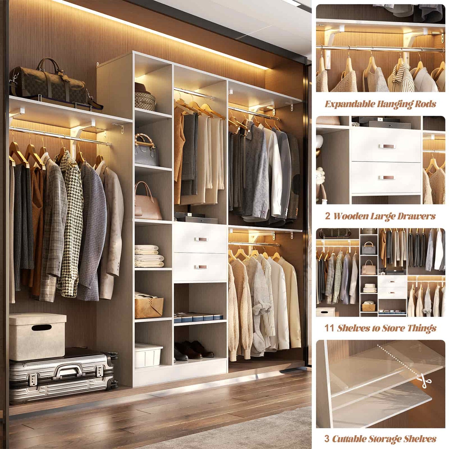 8FT Closet Organizer System with Wood Drawers