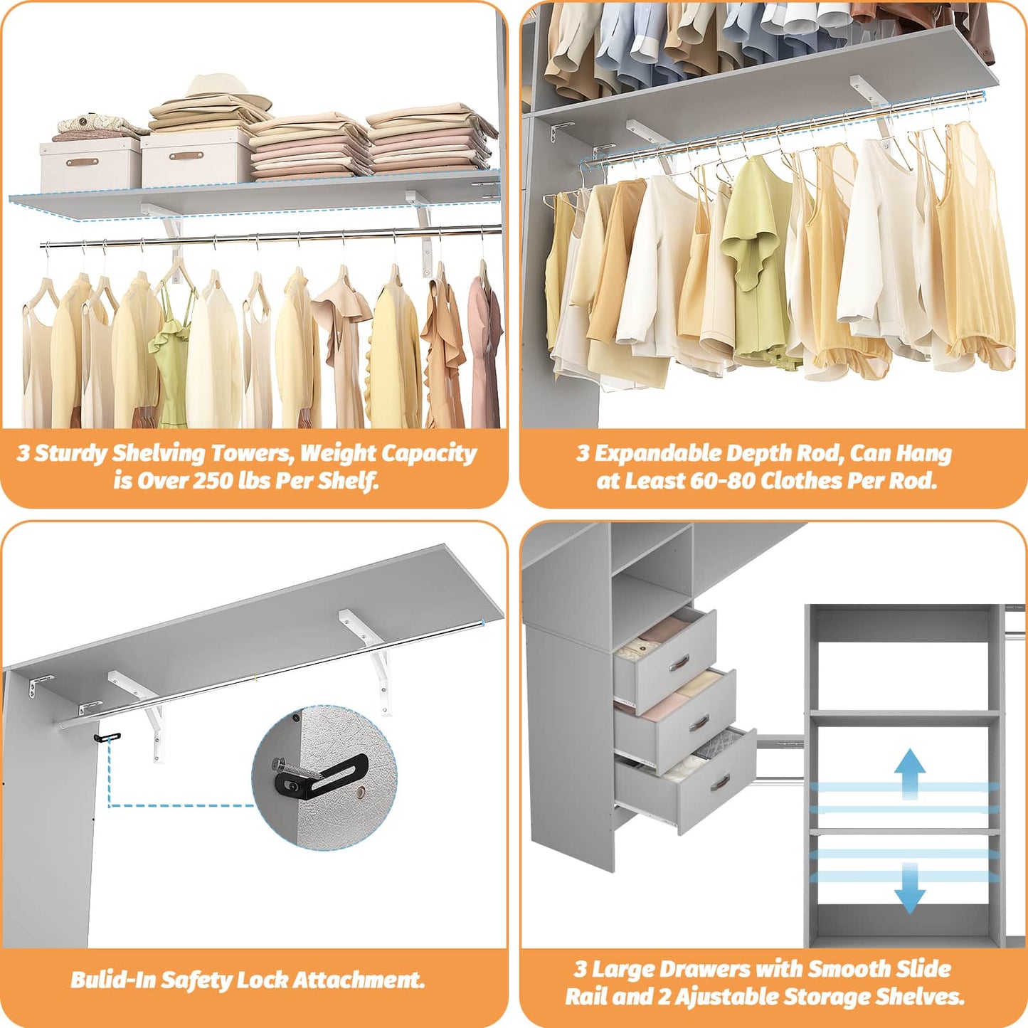 120'' W Closet System with Drawers, Closet Organizer with 3 Shelving Towers