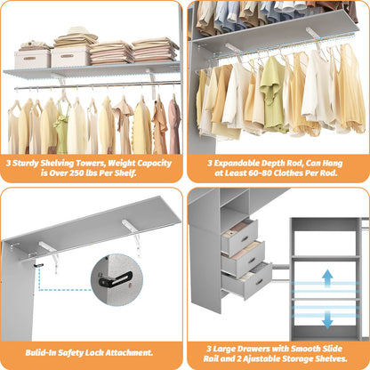 120'' W Closet System with Drawers, Closet Organizer with 3 Shelving Towers