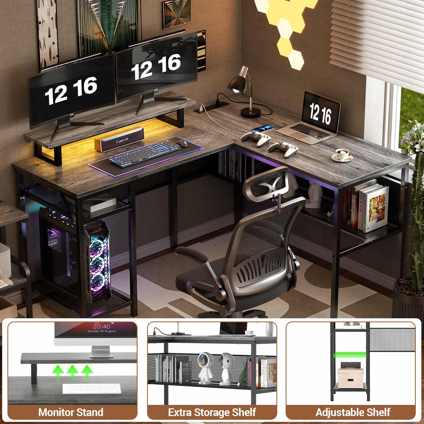 L Shaped Computer Desk with Magic Power Outlets and Smart LED Light