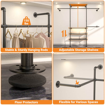 Industrial Pipe Clothing Rack, Reversible 7.25FT Wall Mounted Clothes Rack