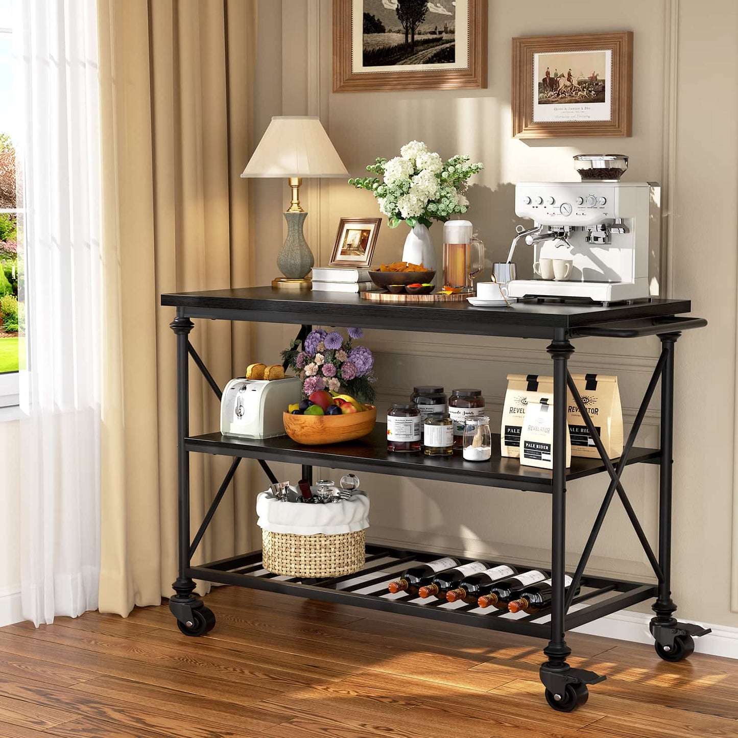 Industrial Mobile Kitchen Island Cart with Wheels: 3-Tier Storage, Lockable Casters for Kitchen, Dining & Small Spaces
