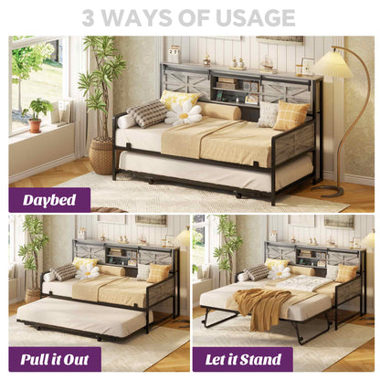 Twin Size Daybed with Trundle, Daybed with Charging Station & Storage Headboard, Heavy Duty Metal Sofa Bed Frame with Pop-up Trundle