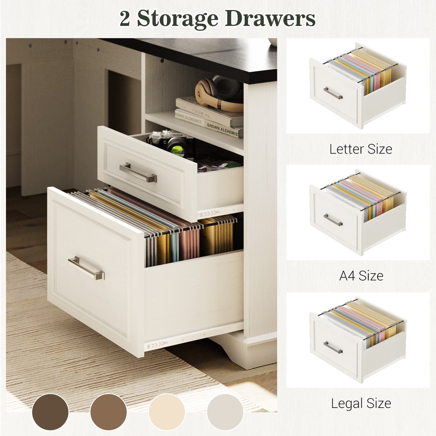 L Shaped Executive Desk with File Drawers, 60" Corner Computer Desk with Power Outlets
