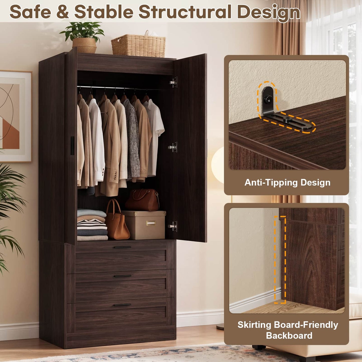 71" Tall Armoire Wardrobe Closet - 3 Drawers, Doors & Hanging Rod, Extra Deep 20" Bedroom Storage with Soft-Close Hinges