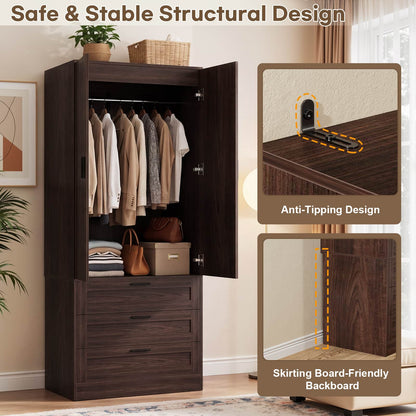 71" Tall Armoire Wardrobe Closet - 3 Drawers, Doors & Hanging Rod, Extra Deep 20" Bedroom Storage with Soft-Close Hinges