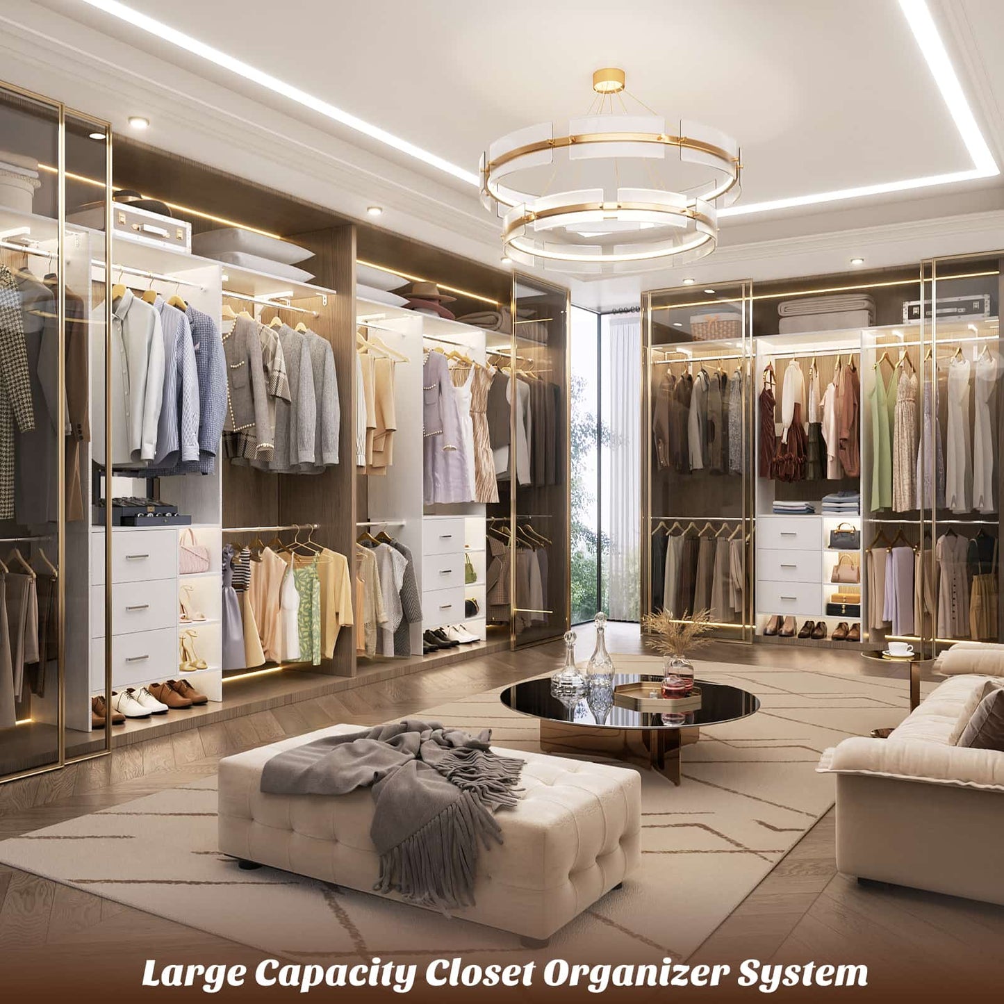 8FT Walk-in Armoire Closet Organizer with 3 Wooden Drawers & Hanging Rods, Adjustable Garment Rack for 5.3-9 ft Spaces,Wardrobe Storage Shelf