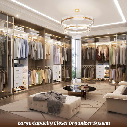 8FT Walk-in Armoire Closet Organizer with 3 Wooden Drawers & Hanging Rods, Adjustable Garment Rack for 5.3-9 ft Spaces,Wardrobe Storage Shelf