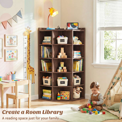 6-Tier Corner Cabinet with Power Outlets & 15 Cubes - Wooden L-Shaped Bookshelf, Toy Storage for Home Office, Bedroom, Living Room