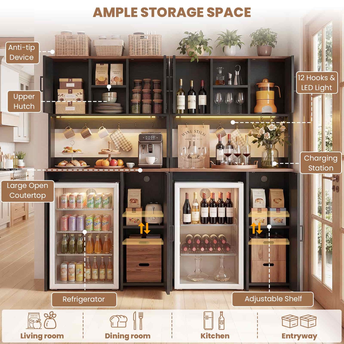 2-Piece Beverage Station Set - Mini Fridge Cabinet & Coffee Bar with Charging Hub, LED Light & Wine Storage
