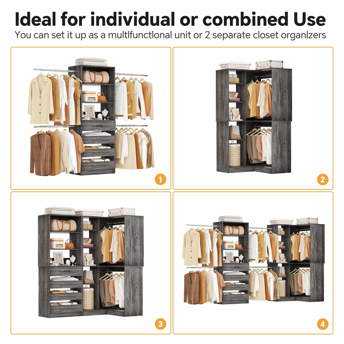 58"-152" Freestanding Closet System, Wardrobe Organizer with Drawers & Shelves, Corner Storage Unit for Bedroom/Living Room