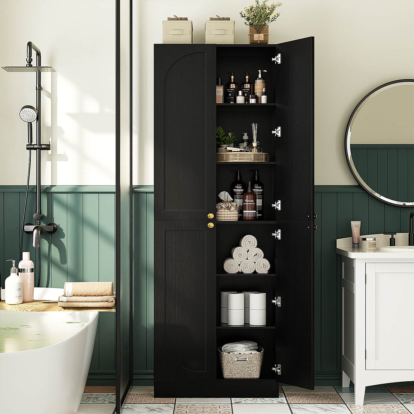 80" Kitchen Pantry, Extra Tall Arch Storage Cabinet with 4 Doors and Adjustable Shelves