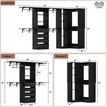 96"-128" 2-Piece Freestanding Closet System, Corner Wardrobe Organizer with Drawers & Shelves for Bedroom/Living Room