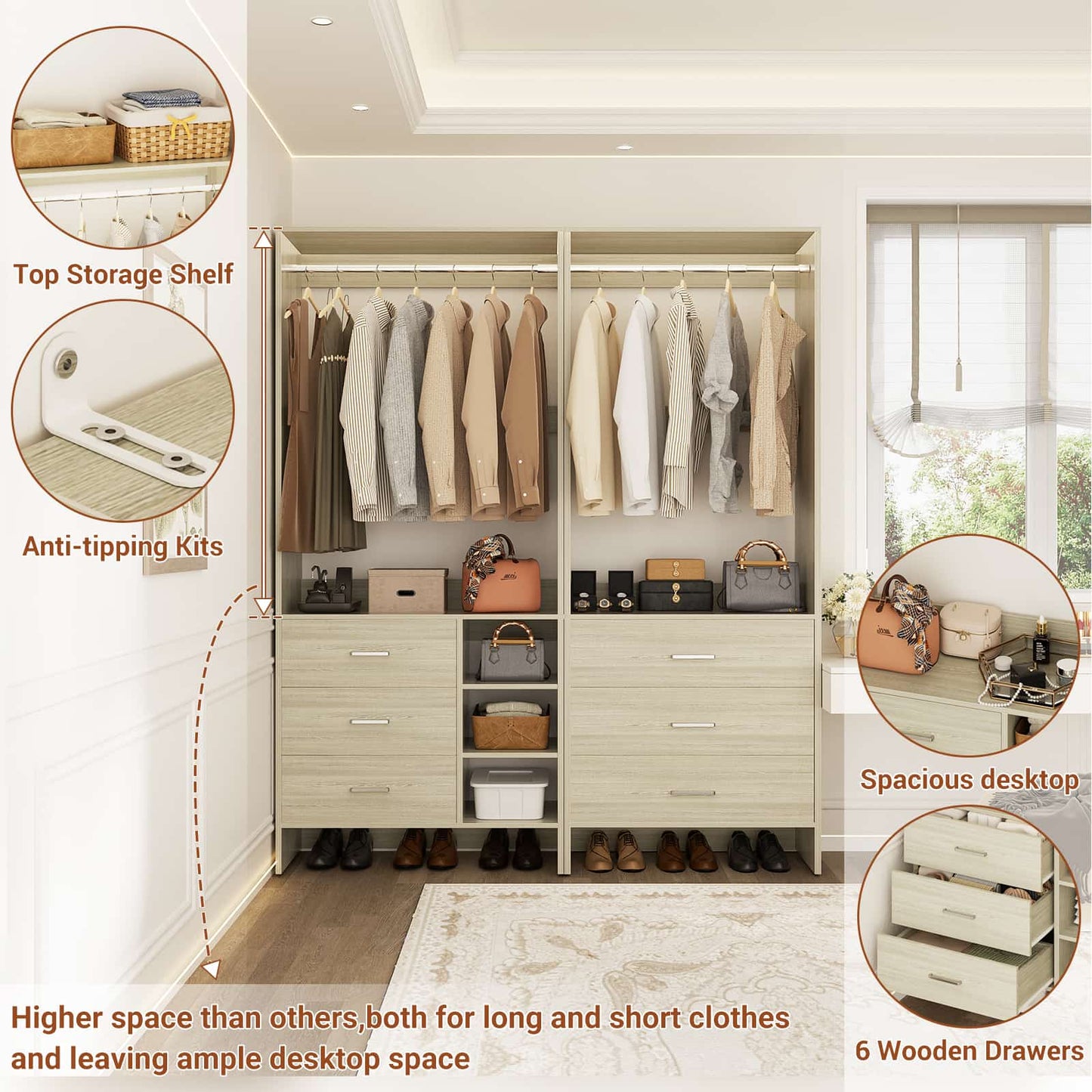 Closet System with 6 Drawers, 4.5ft Wood Closet Organizer System