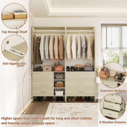 Closet System with 6 Drawers, 4.5ft Wood Closet Organizer System