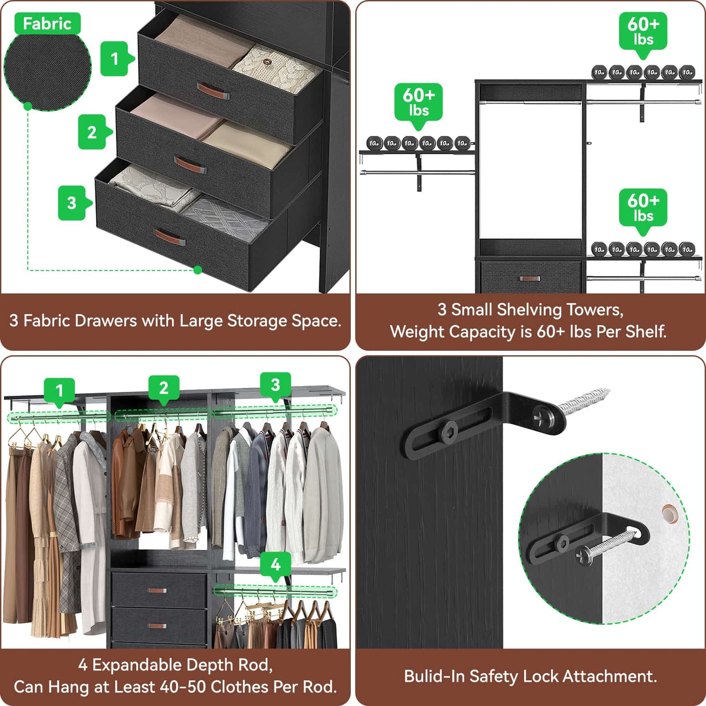 59'' W Small Closet System with 3 Fabric Drawers