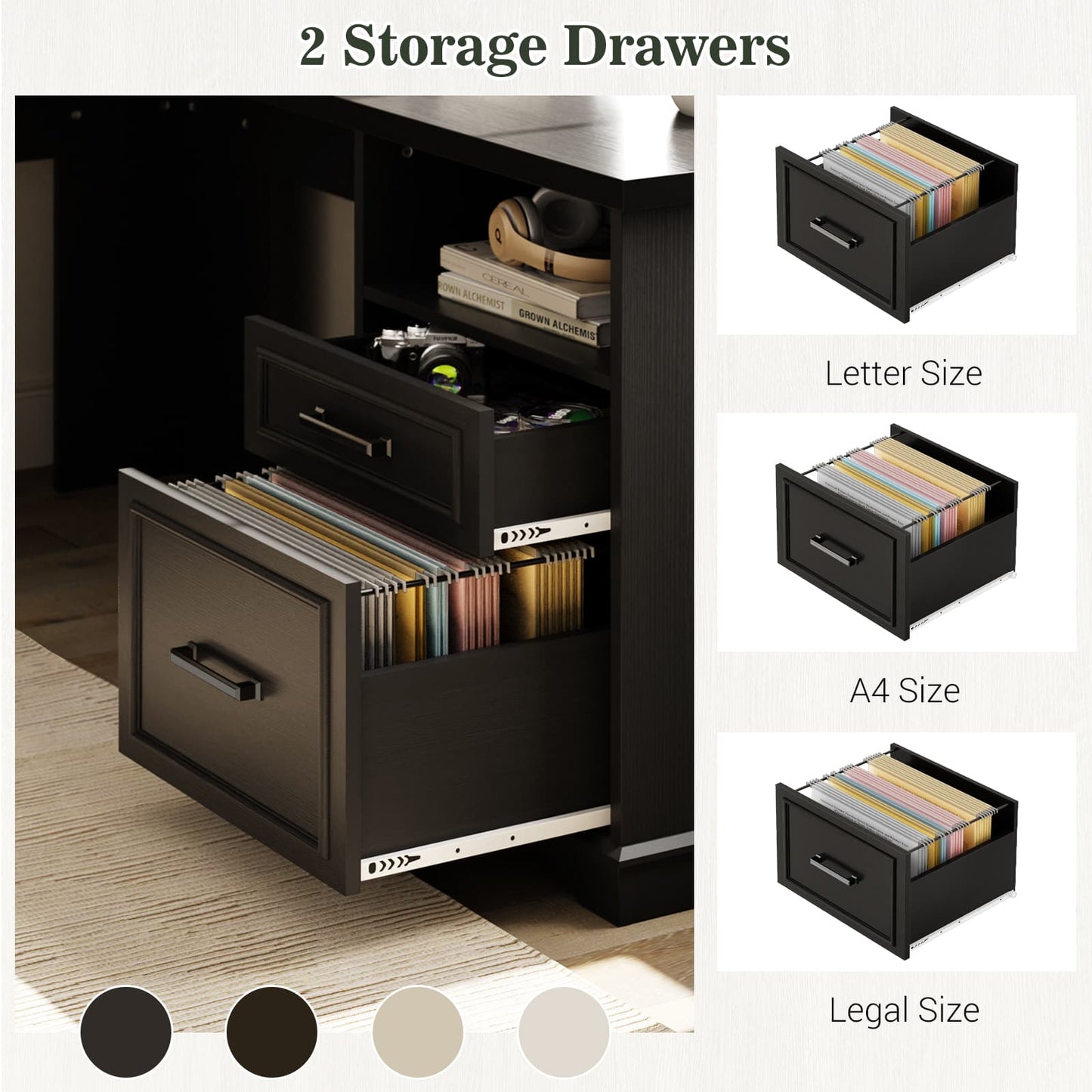 L Shaped Executive Desk with File Drawers, 60" Corner Computer Desk with Power Outlets