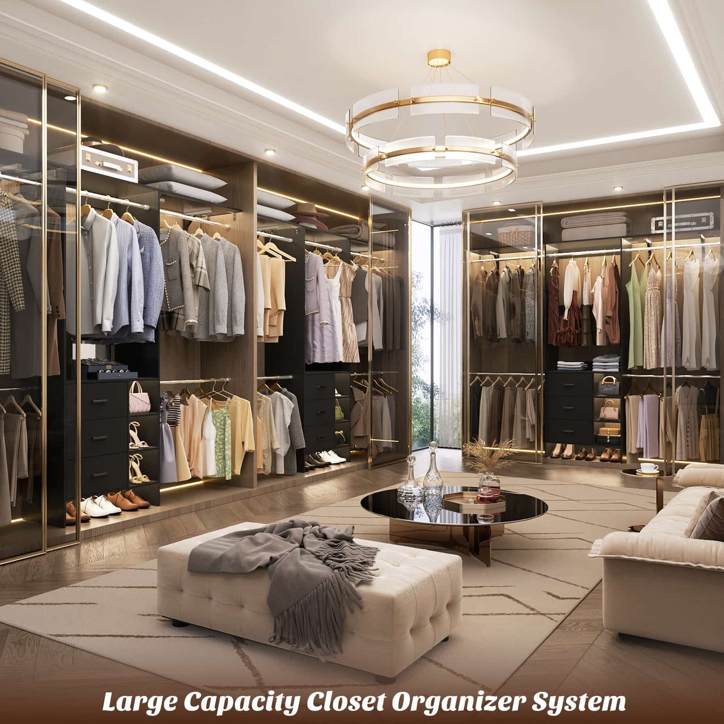 8FT Walk-in Armoire Closet Organizer with 3 Wooden Drawers & Hanging Rods, Adjustable Garment Rack for 5.3-9 ft Spaces,Wardrobe Storage Shelf