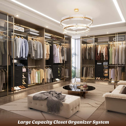 8FT Walk-in Armoire Closet Organizer with 3 Wooden Drawers & Hanging Rods, Adjustable Garment Rack for 5.3-9 ft Spaces,Wardrobe Storage Shelf