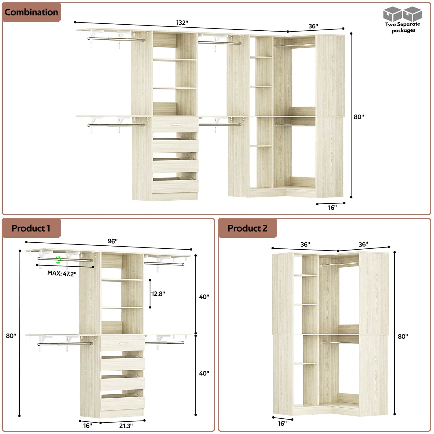 96"-128" 2-Piece Freestanding Closet System, Corner Wardrobe Organizer with Drawers & Shelves for Bedroom/Living Room