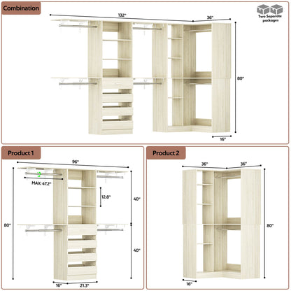 96"-128" 2-Piece Freestanding Closet System, Corner Wardrobe Organizer with Drawers & Shelves for Bedroom/Living Room