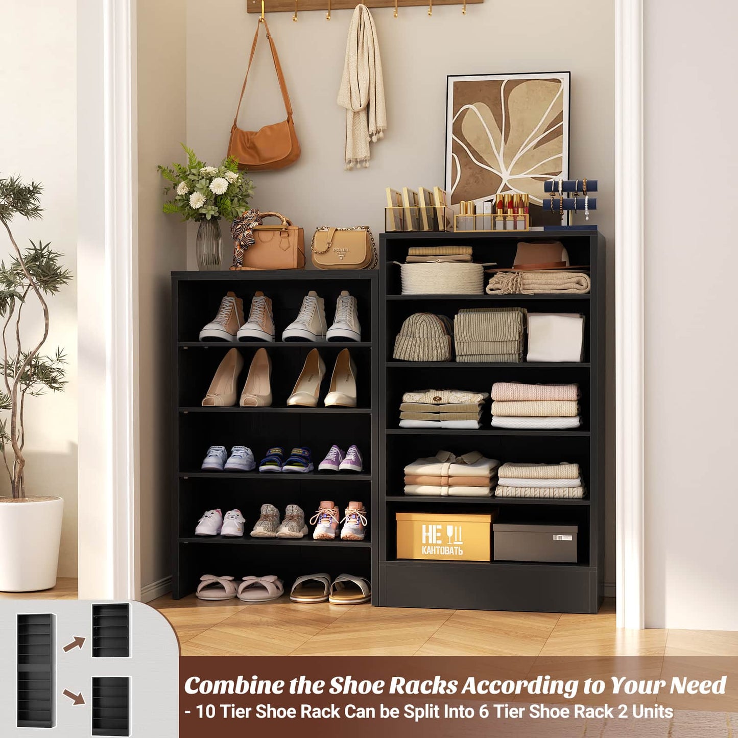 Tall Shoe Cabinet, 10 Tiers Narrow Wood Shoe Rack