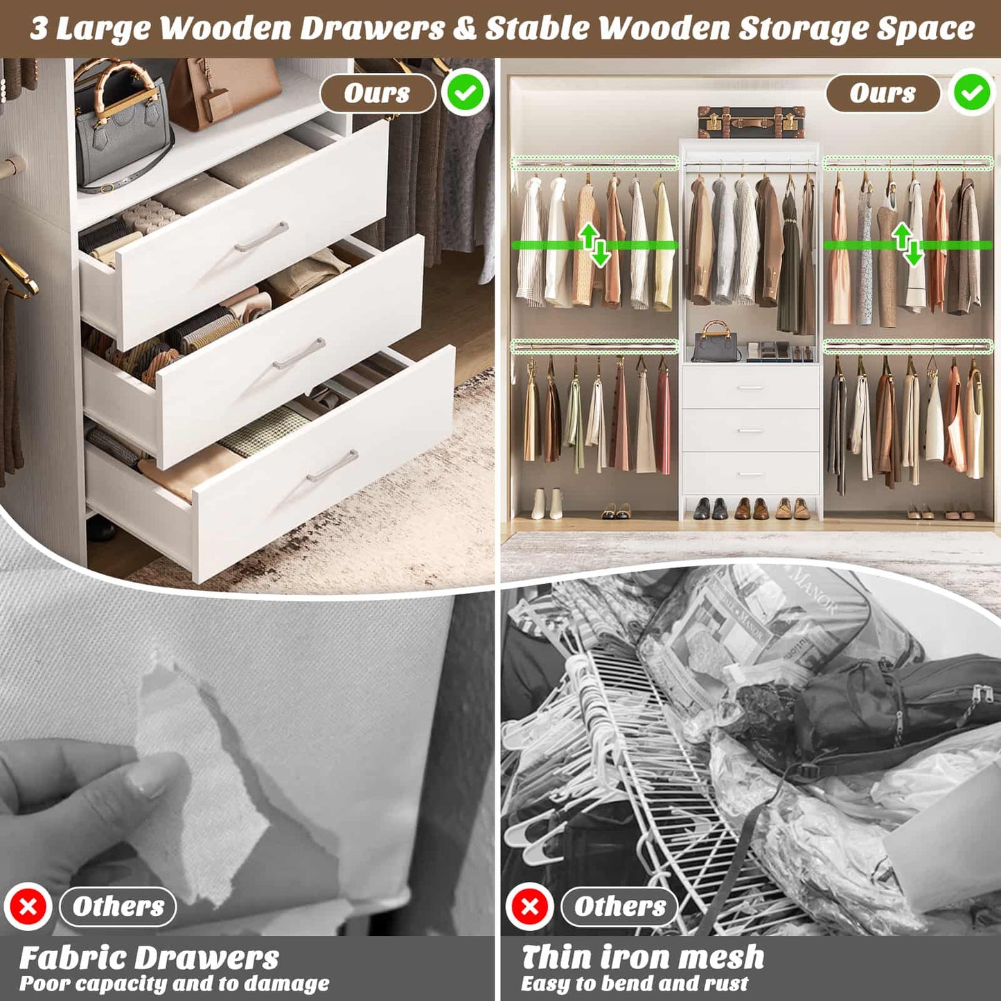 Closet System, Closet Organizer with 3 Wooden Drawers