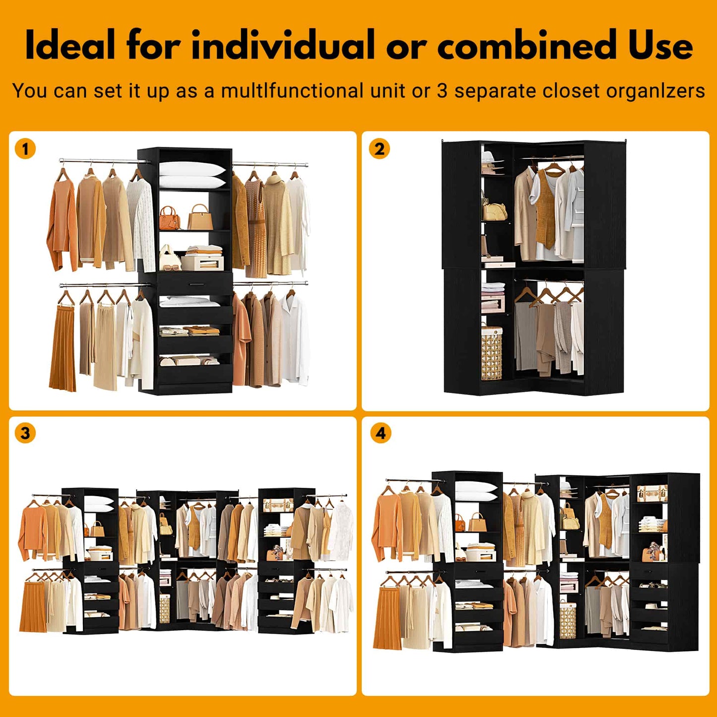 3-Piece Freestanding Wardrobe,79"-267" Adjustable Closet System with Drawers & Shelves for Bedroom/Closet Storage