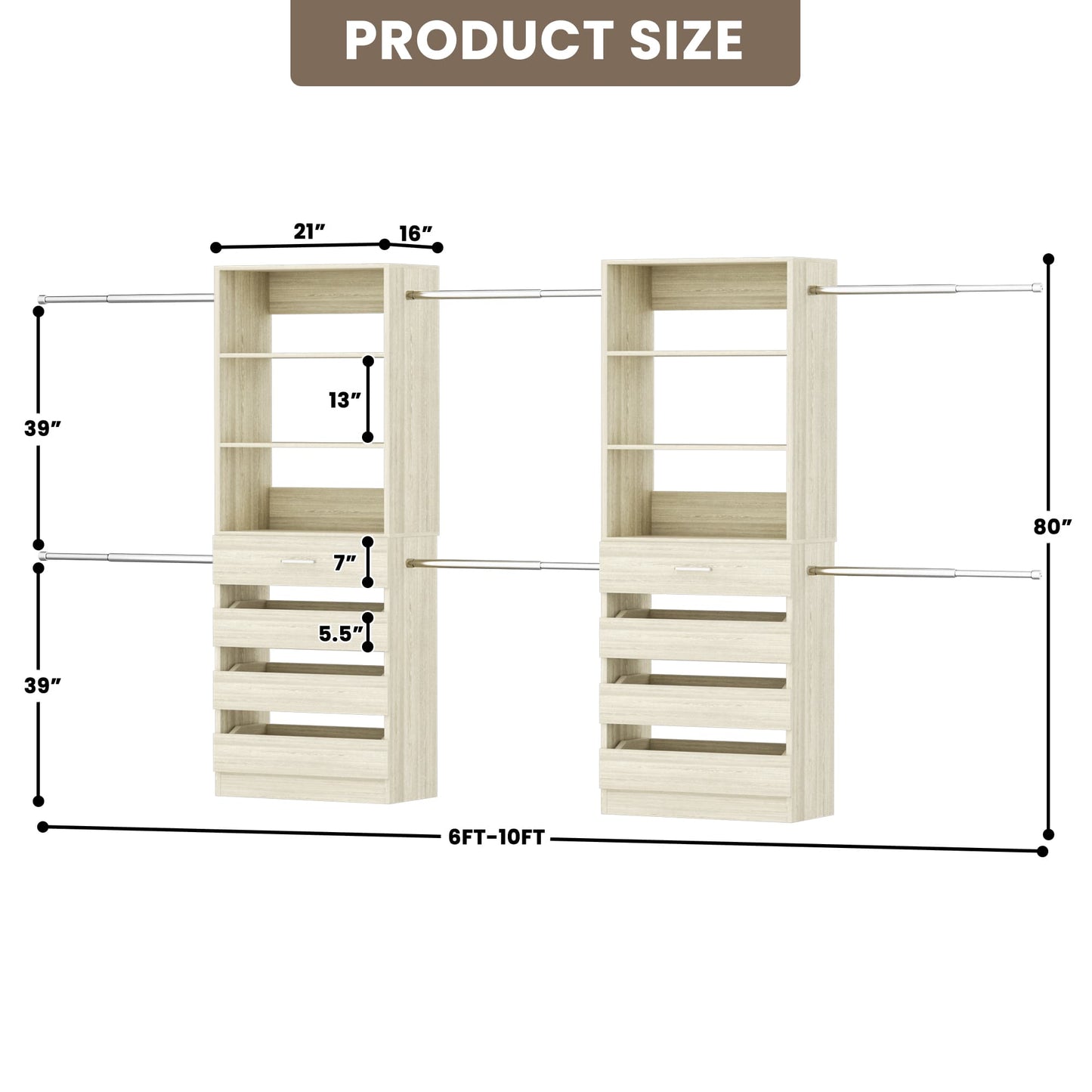 2-Pack Closet Organizer System: Dual 4-9Ft Adjustable Wardrobe Racks with 8 Wooden Drawers, Double Tower Storage, 8 Hanging Rods & Garment Racks ﻿