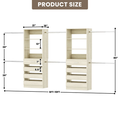 2-Pack Closet Organizer System: Dual 4-9Ft Adjustable Wardrobe Racks with 8 Wooden Drawers, Double Tower Storage, 8 Hanging Rods & Garment Racks ﻿