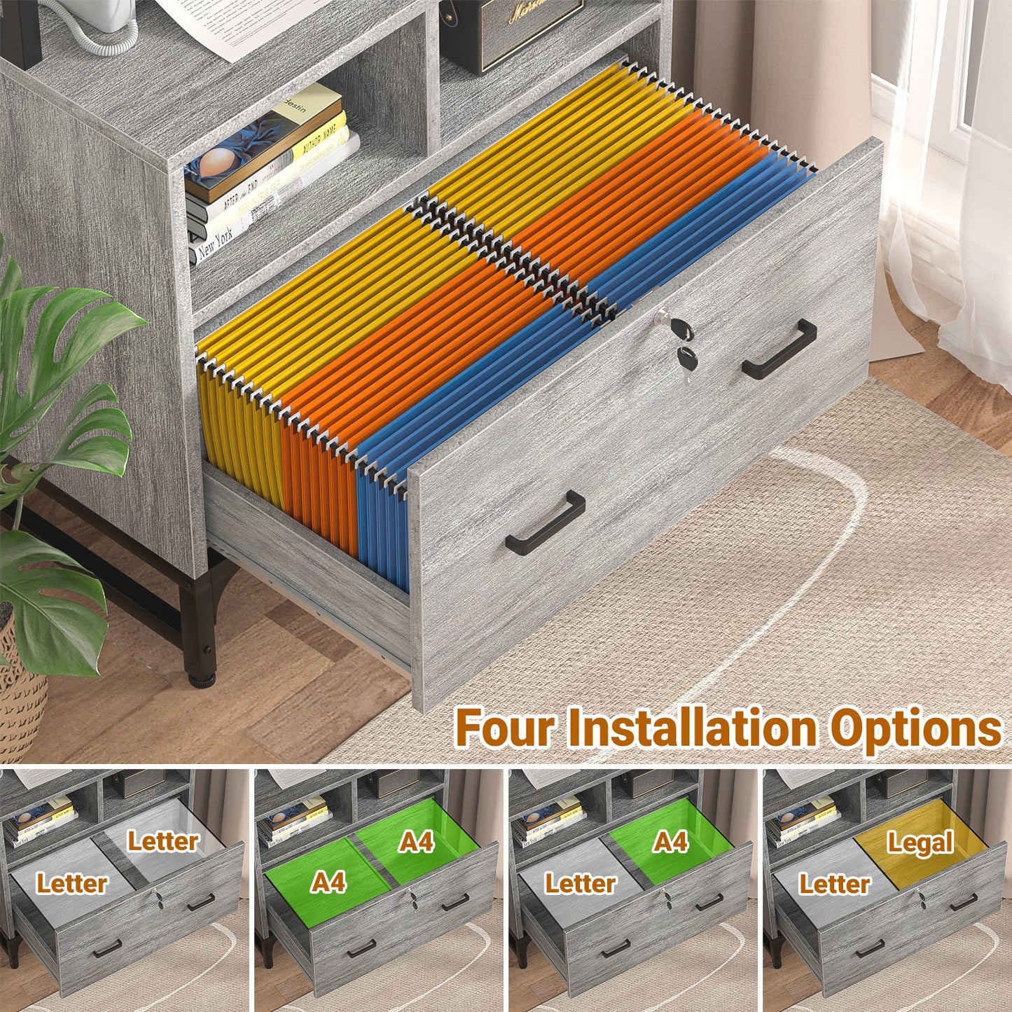 File Cabinet with Charging Station, Vertical Filing Cabinet with Lock & Large Drawer
