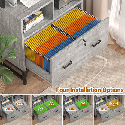 File Cabinet with Charging Station, Vertical Filing Cabinet with Lock & Large Drawer
