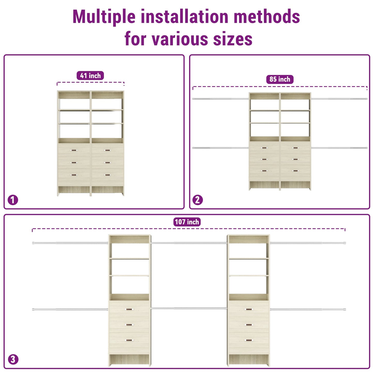 96" Closet System 2-Pack with 6 Hanging Rods & 6 Wooden Drawers - Adjustable Width (5-8FT Each)
