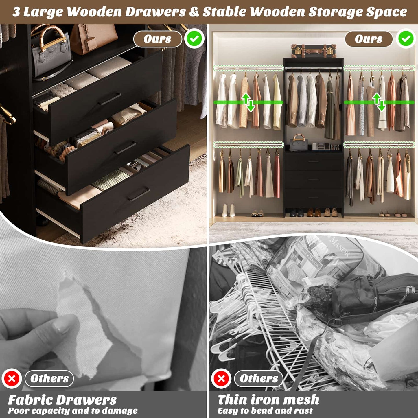 Closet System, Closet Organizer with 3 Wooden Drawers