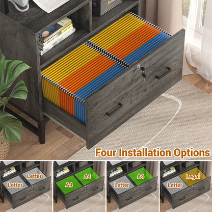 File Cabinet with Charging Station, Vertical Filing Cabinet with Lock & Large Drawer