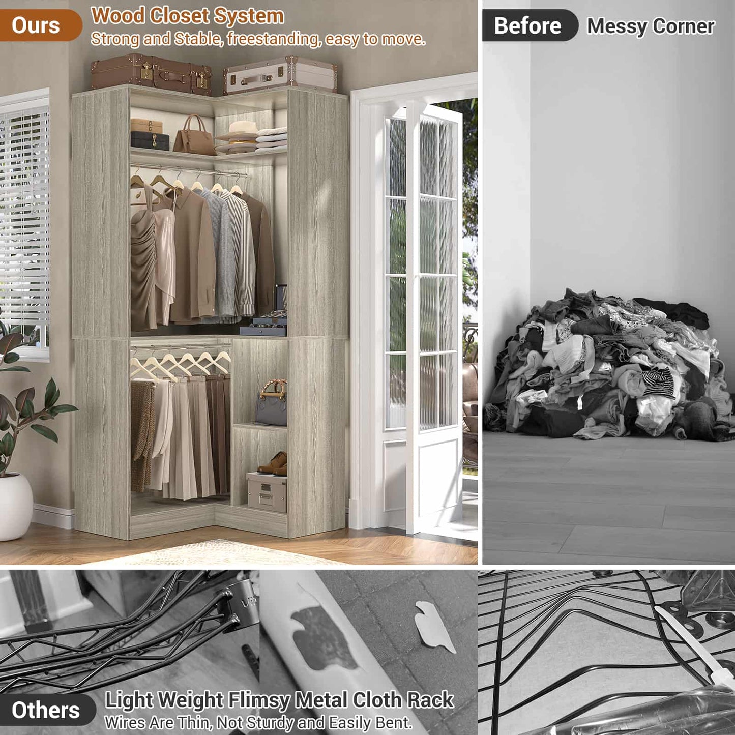 34’’ Corner Closet System with Shelves and Hanging Rods