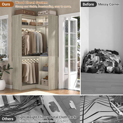 34’’ Corner Closet System with Shelves and Hanging Rods