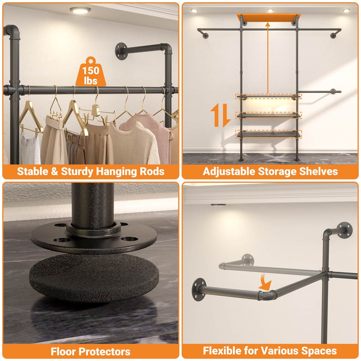 Industrial Pipe Clothing Rack, Reversible 7.25FT Wall Mounted Clothes Rack