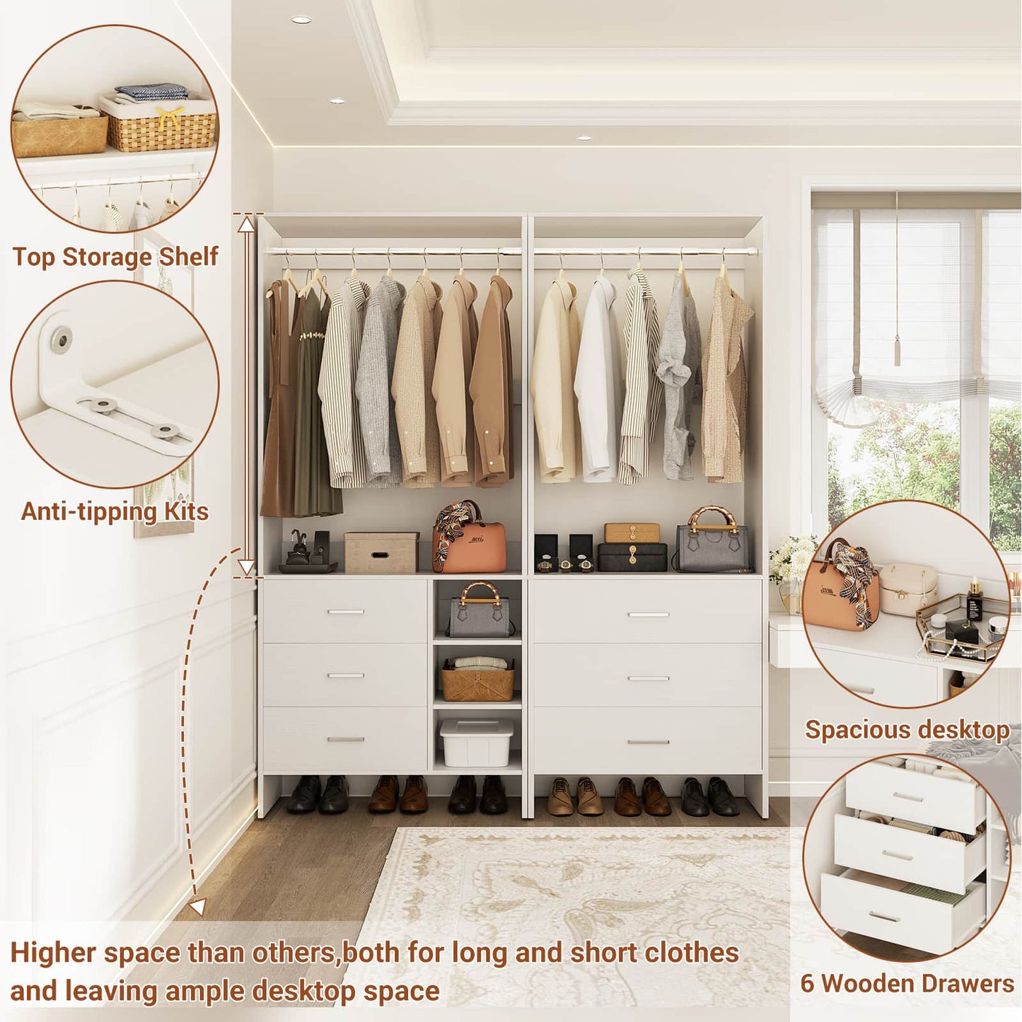 Closet System with 6 Drawers, 4.5ft Wood Closet Organizer System