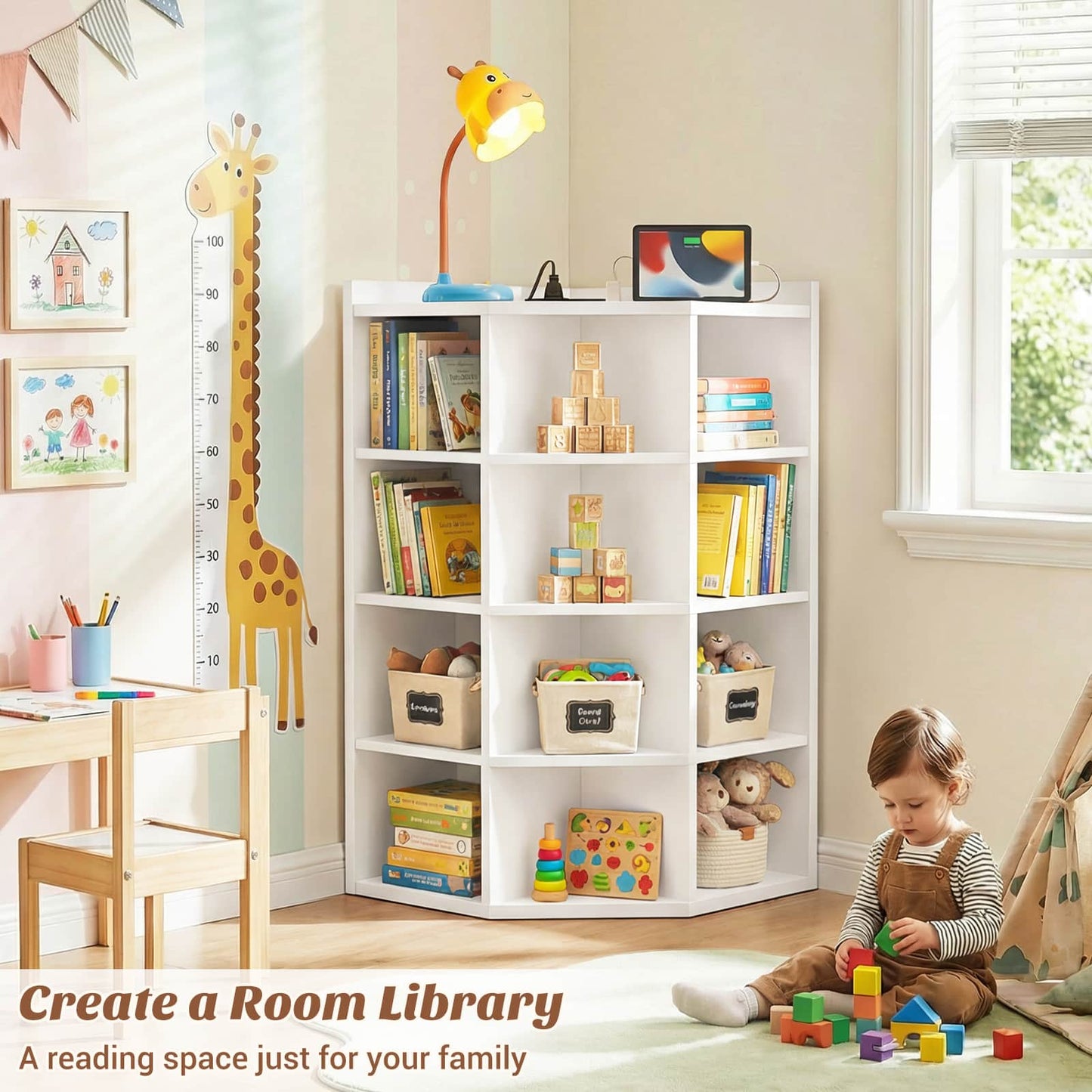 5-Tier Corner Cabinet with Power Outlets & 12 Storage Cubes - Wooden L-Shaped Bookshelf, Toy Organizer