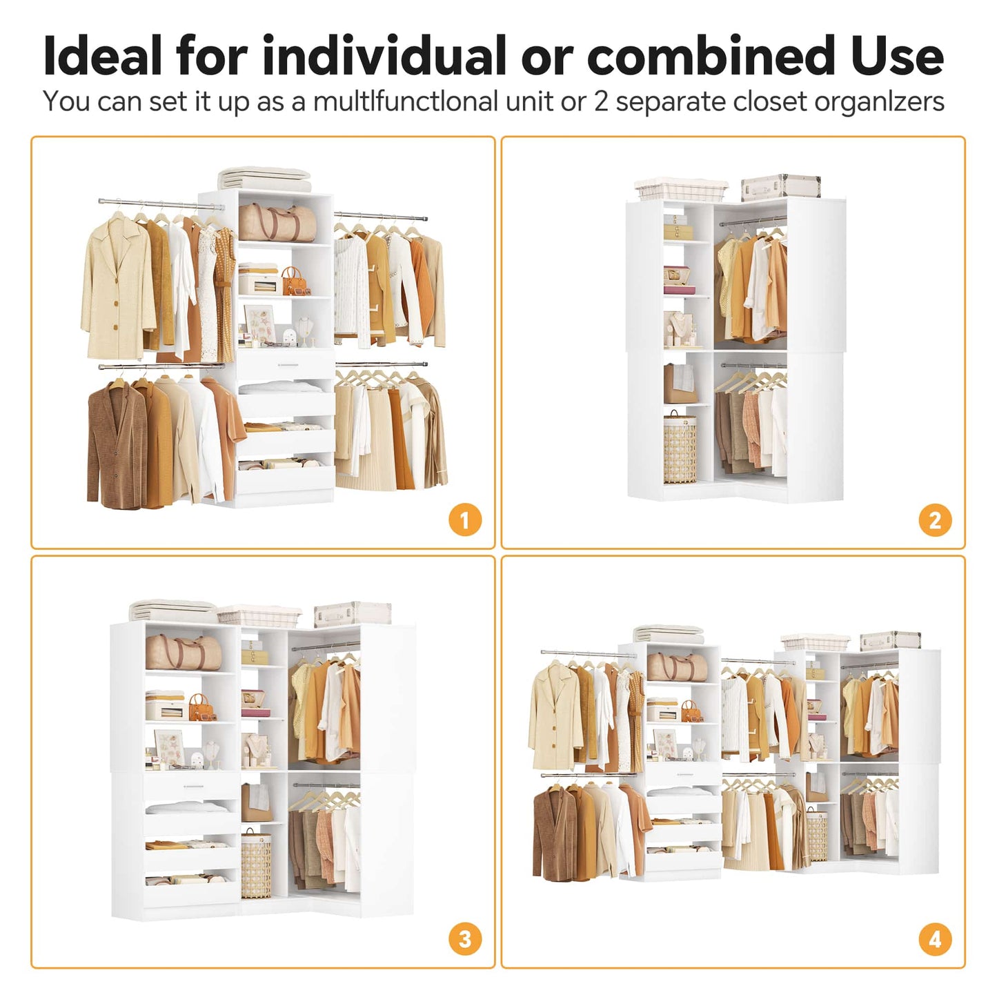 58"-152" Freestanding Closet System, Wardrobe Organizer with Drawers & Shelves, Corner Storage Unit for Bedroom/Living Room