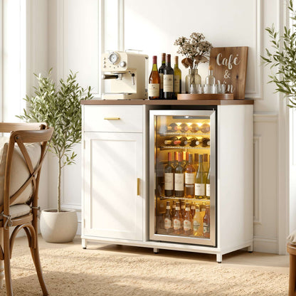 Coffee Bar Cabinet with Mini Fridge Space, Power Outlet, Drawer Storage and Wine Glass Holder - Versatile Liquor Wine Cabinet