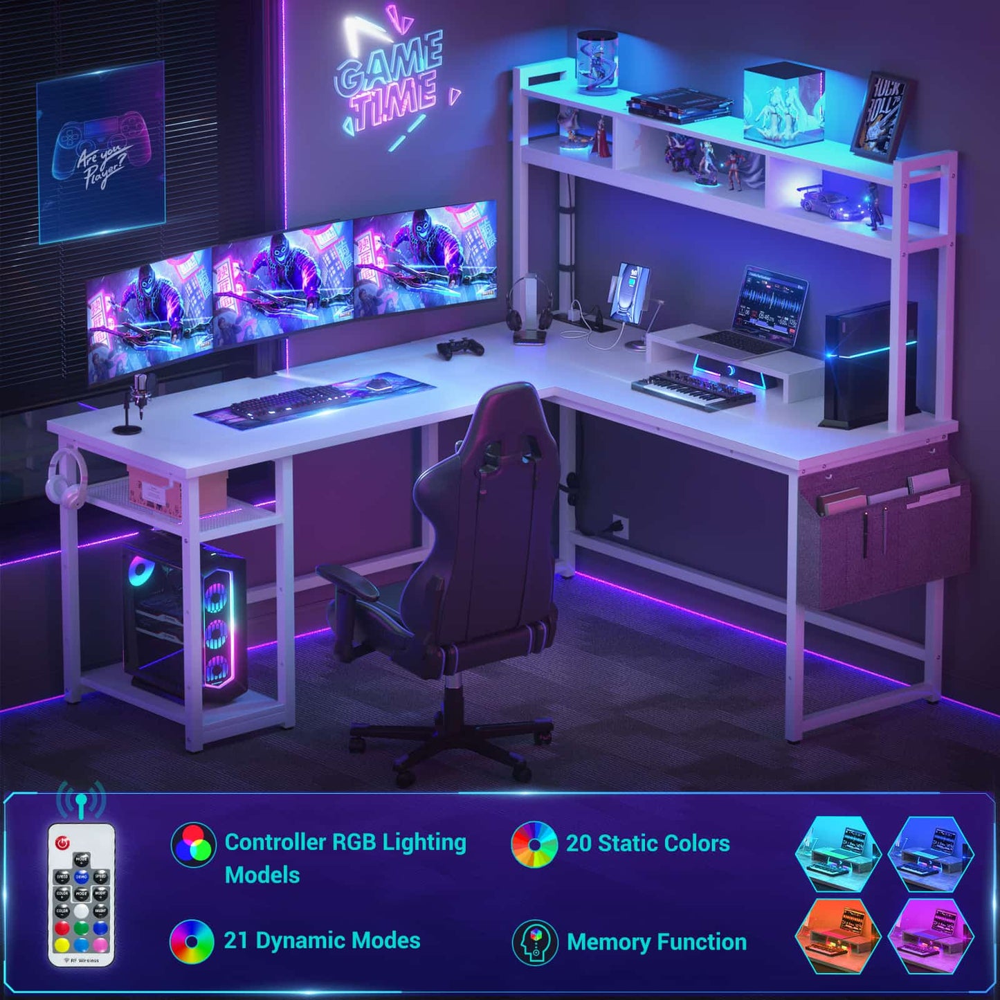 L Shaped Desk with Power Outlet, LED Strip, Storage Shelf