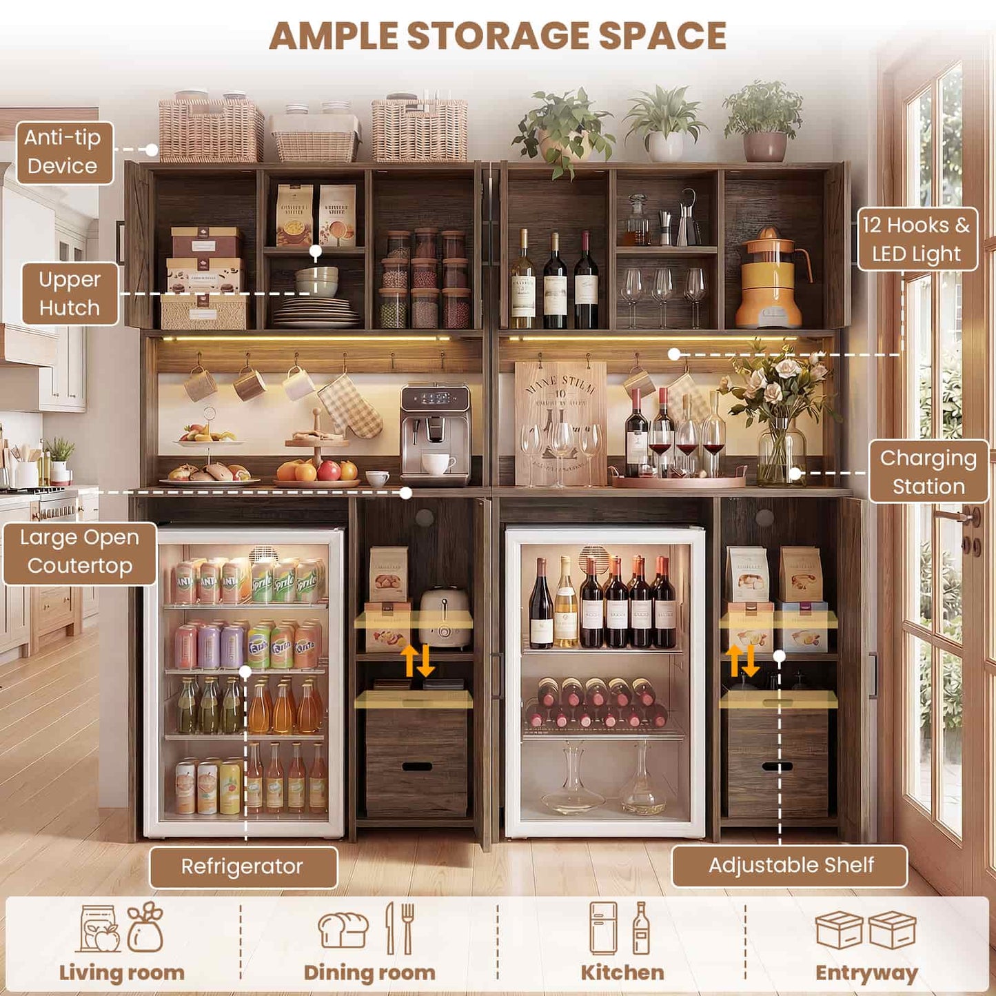 2-Piece Beverage Station Set - Mini Fridge Cabinet & Coffee Bar with Charging Hub, LED Light & Wine Storage